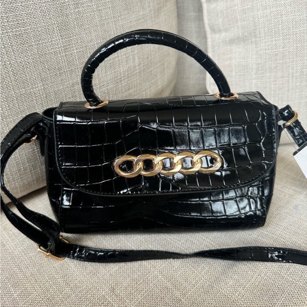 Black croc embossed crossbody bag with top handle - Picture 7 of 10